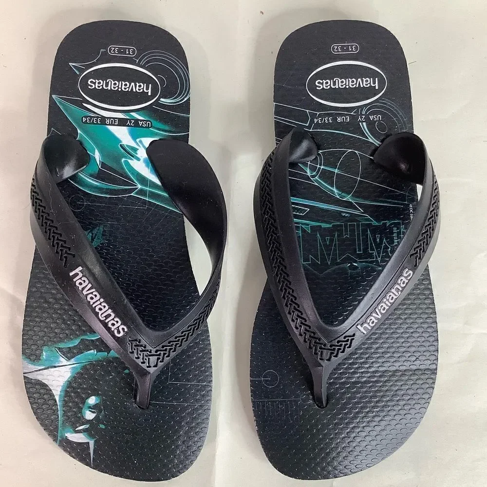 NWOT! Havaianas Batman Flip Flops Black Teal Boys Water Sandals Sz 2Y/EUR 33/34